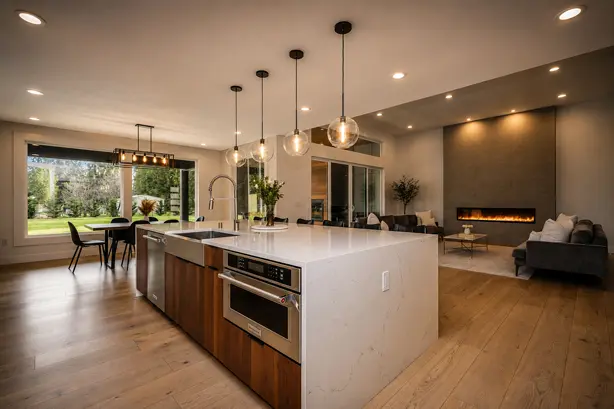 Open-concept kitchen island with white cabinetry and a connected dining area