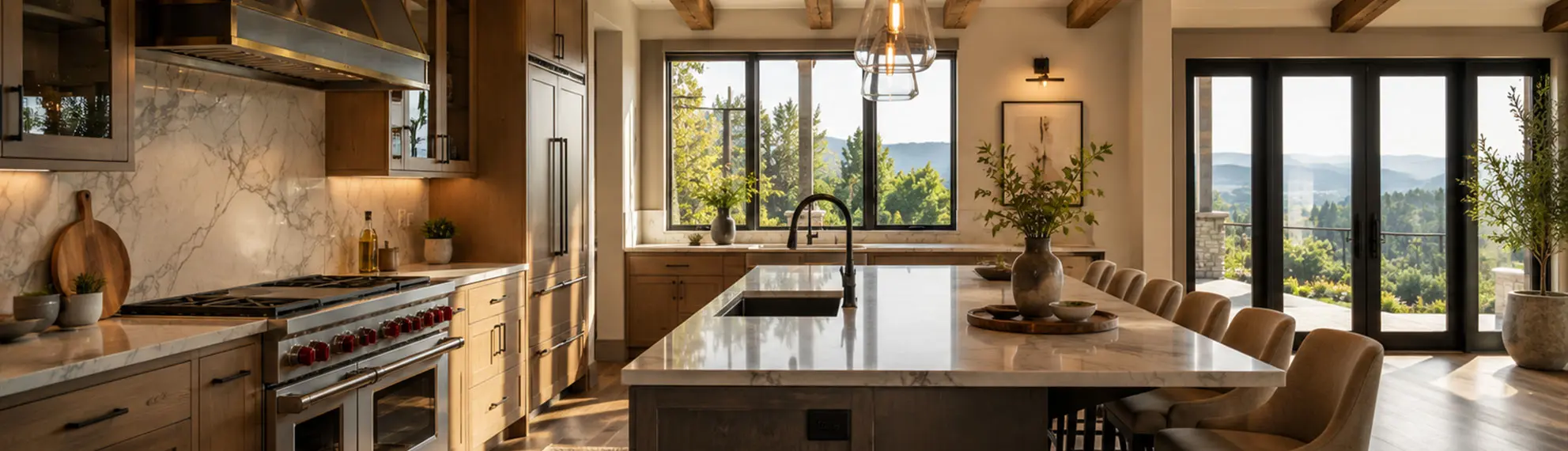 Finished luxury kitchen with marble island, custom cabinetry, and a mountain view