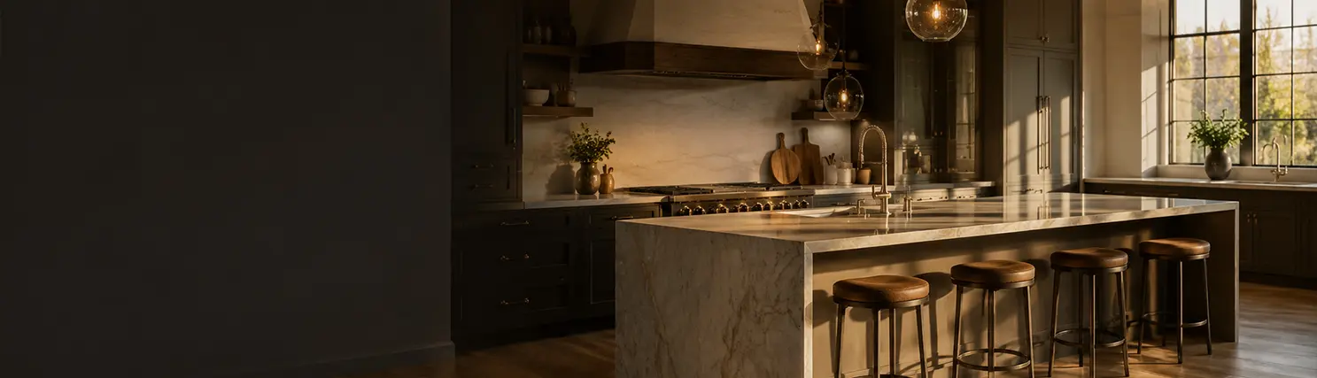 Dark green shaker-style kitchen with a large marble waterfall island, brass fixtures, and pendant lighting at golden hour
