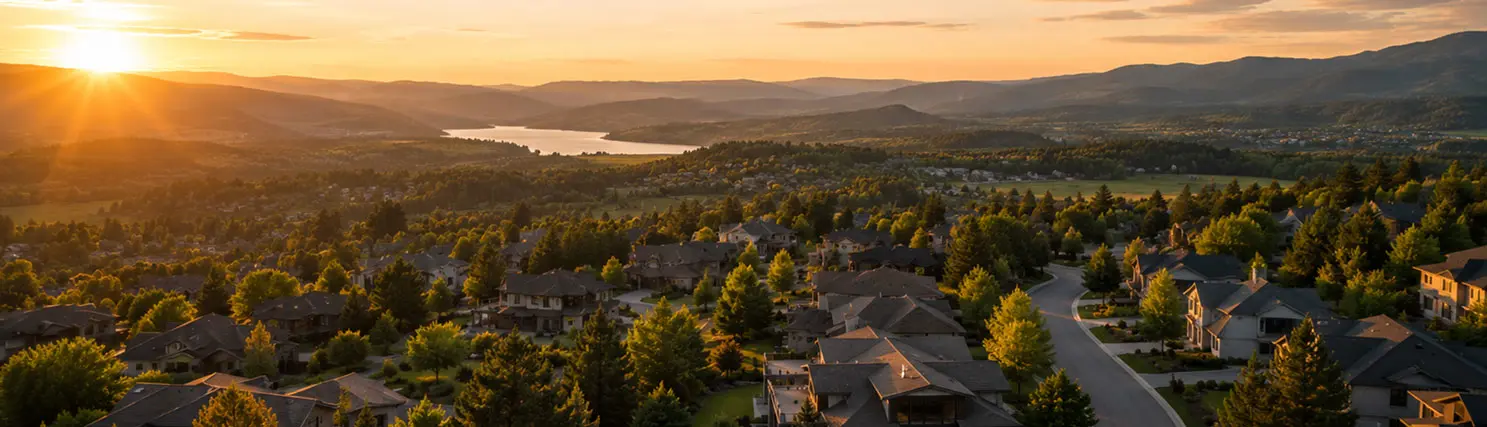 Aerial view of a tree-lined residential neighborhood at golden hour
