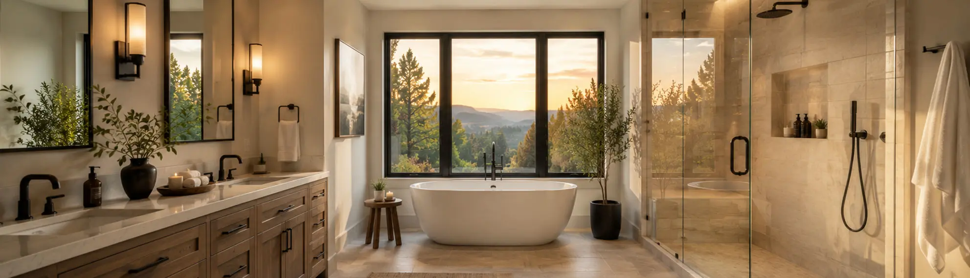 Finished primary bathroom with a freestanding tub and panoramic mountain views at sunset
