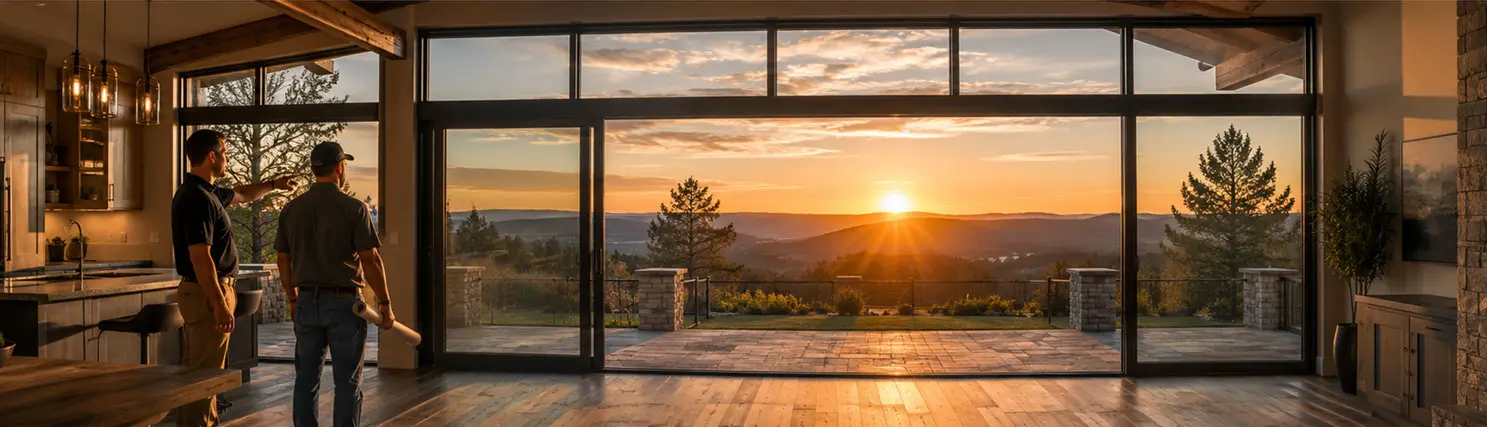 Contractor and homeowner reviewing project plans in a bright room overlooking a mountain sunset
