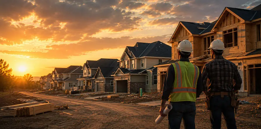 Two contractors in hard hats reviewing plans in front of homes under construction at sunset
