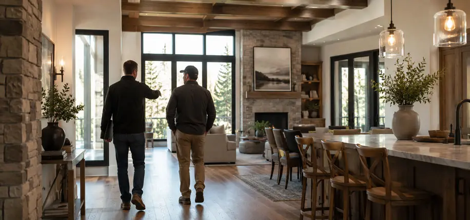 Contractor and homeowner walking through a finished open-concept living space