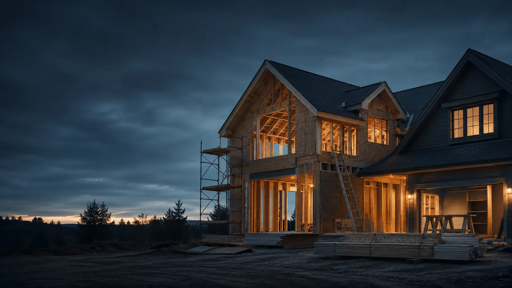 Two-story home under active construction at dusk, exposed timber framing glowing with warm work light, scaffolding and a ladder against the structure, stacked lumber in the foreground, dark steel-blue sky