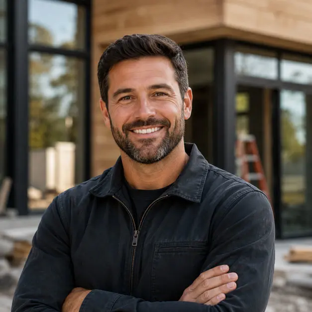 Portrait of the company founder standing in front of a home under construction