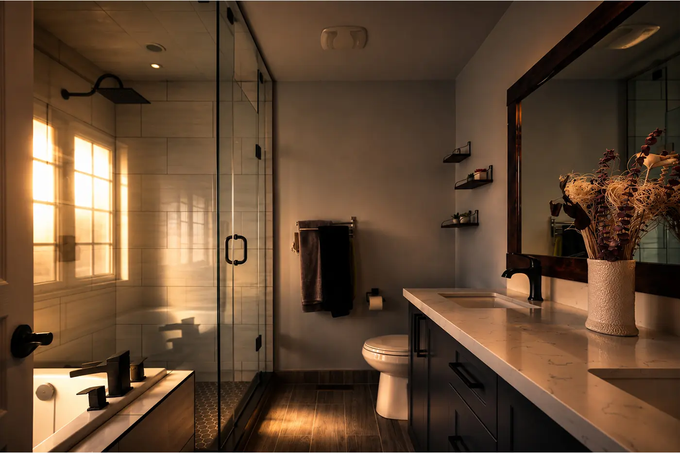 Warmly lit primary bathroom at golden hour with a dark wood vanity, marble countertop, glass shower enclosure, and freestanding tub