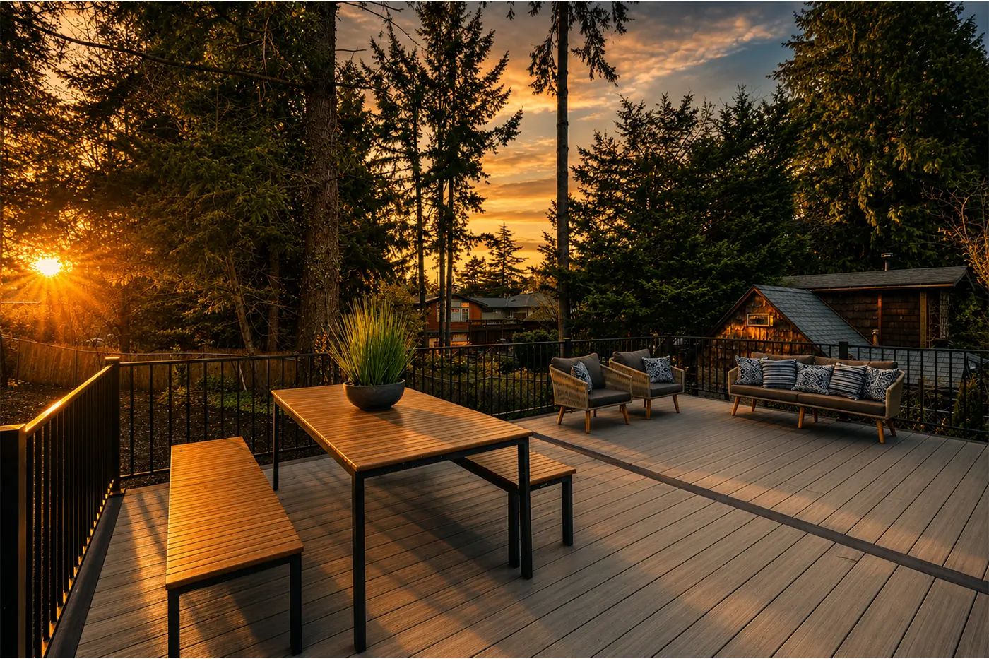 Composite deck at sunset with a dining table, bench seating, and a lounge area overlooking a wooded backyard