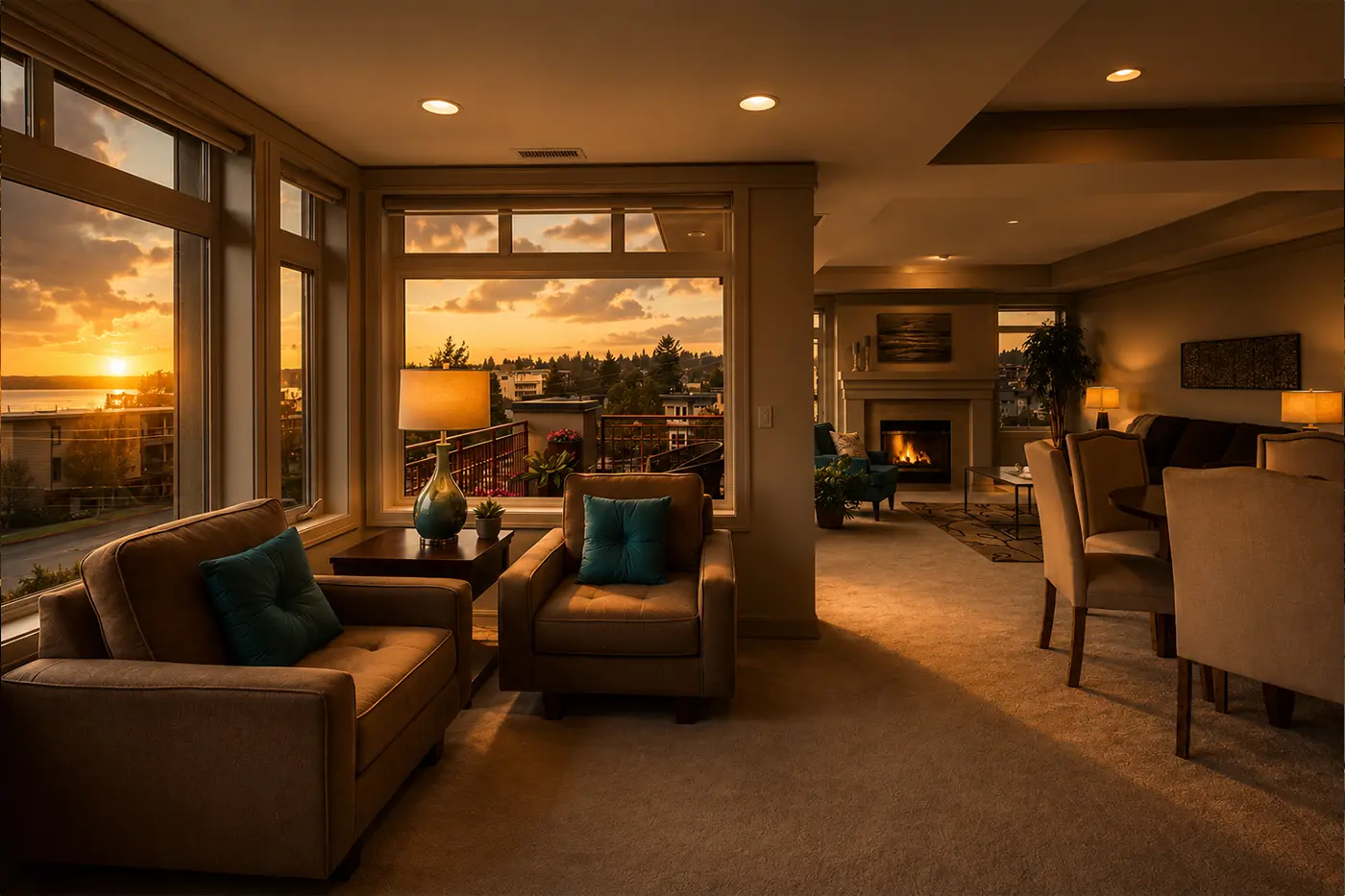 Open-concept living and dining space at golden hour with a fireplace and panoramic water-view windows