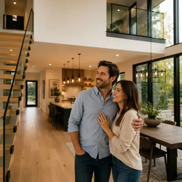 Smiling homeowner couple standing together in their finished open-concept living space